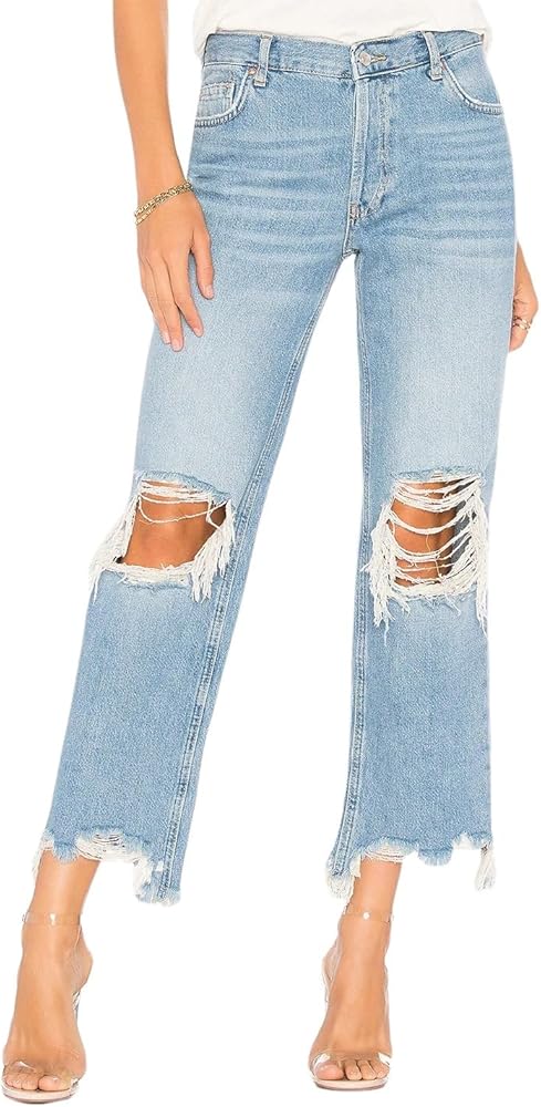 LifeShe Women's Ripped Jeans Casual Mid Rise Straight Leg Denim Pants Raw Hem Cropped Jeans