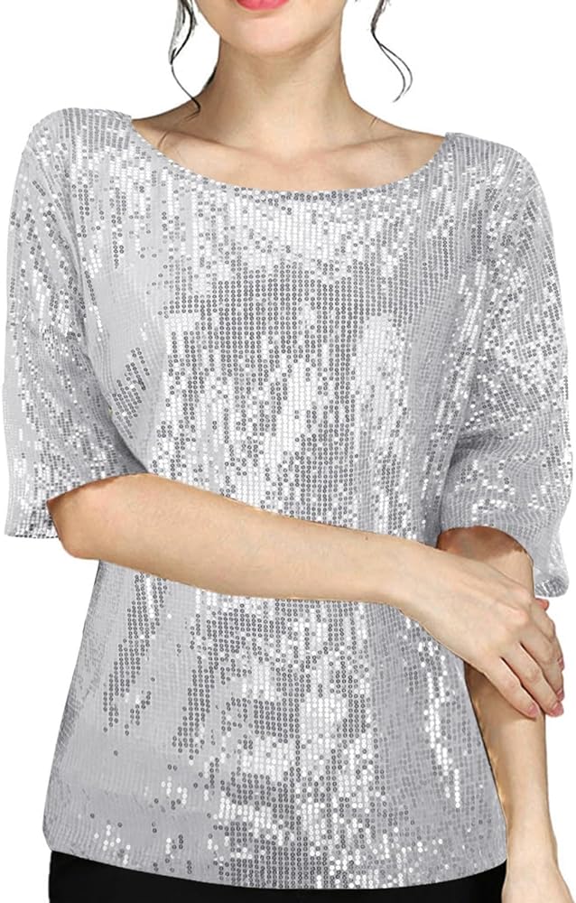 Womens Sequin Tee Shirt Fashion Half Sleeve Glitter Summer Tops Plus Size Loose Fit Party Club Sparkle Glittery Blouse