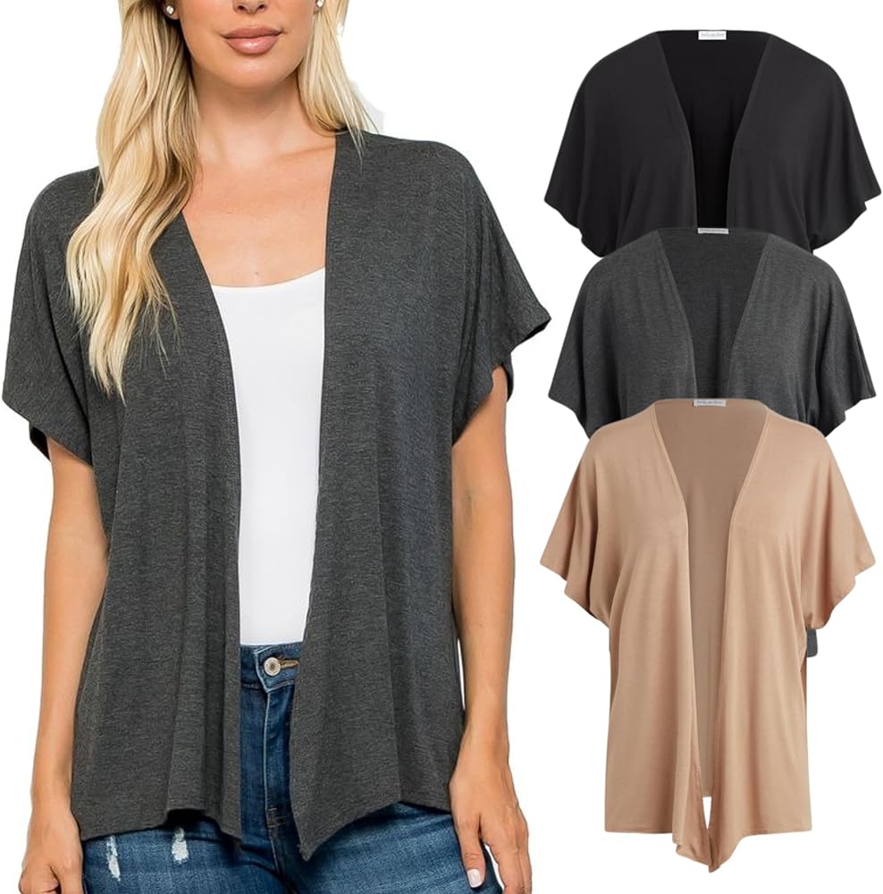 Free to Live 3 Pack Dolman Short Sleeve Cardigan for Women Lightweight Open Front Kimono Fall Sweaters Dressy Casual Cover Up