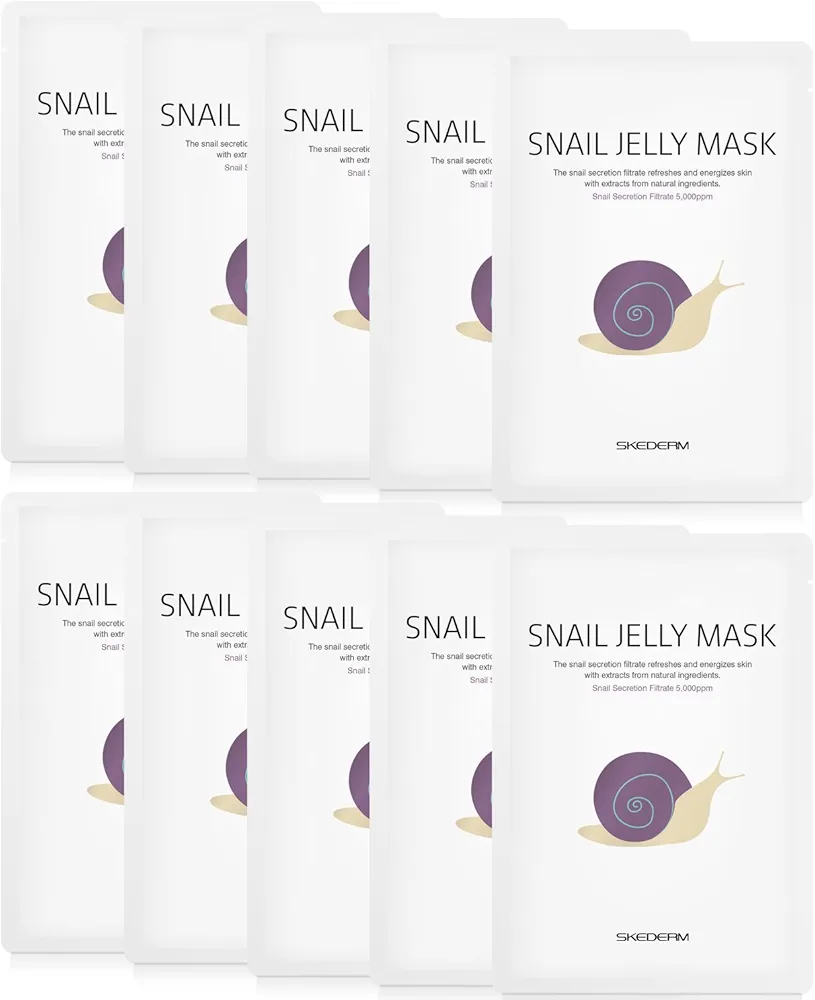 Korean Face Mask Snail Jelly Sheet Mask 10 Sheets Hydrating Sheet Mask Anti-Wrinkle Korean Skin Care Anti-Aging Sheets Pack Moisturizing Snail Secretion Filtrate 30,000ppm