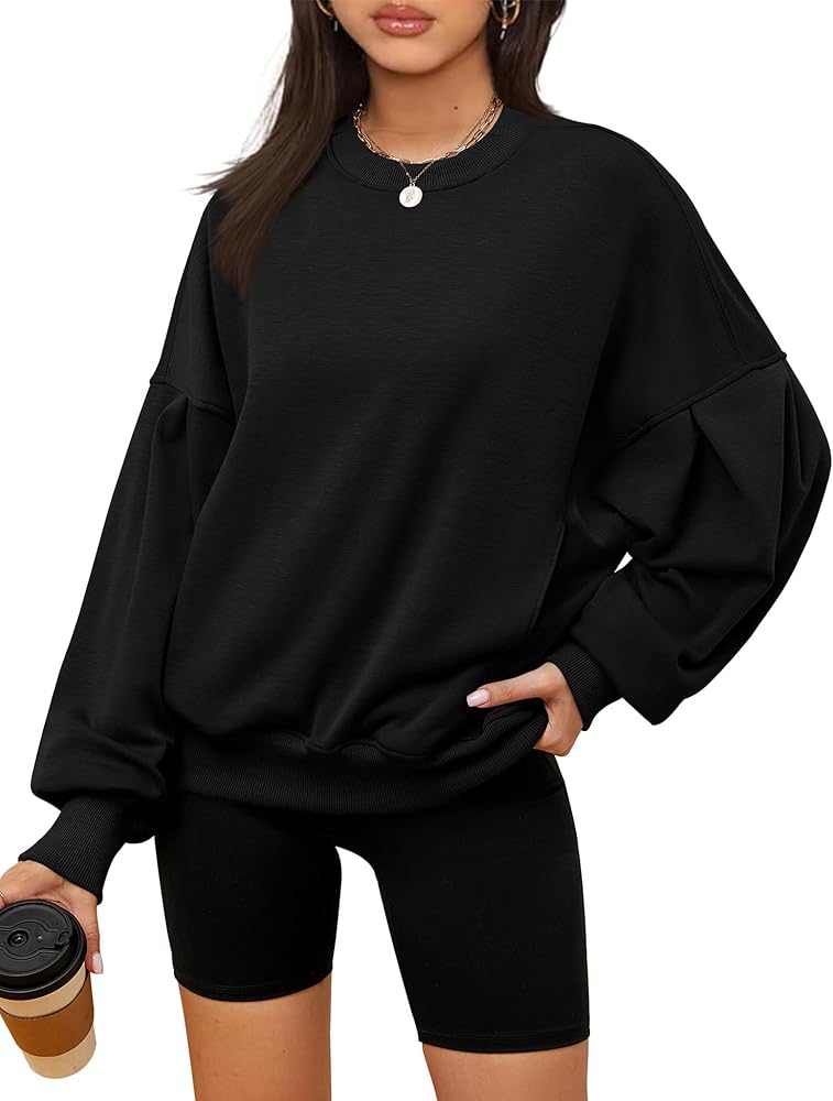 ZHENWEI Womens Sweatshirts No Hood Long Sleeve Oversized Pullover Hoodie Casual Comfy Loose Fall Trendy Fashion Outfit Tops with Pockets Black, XL