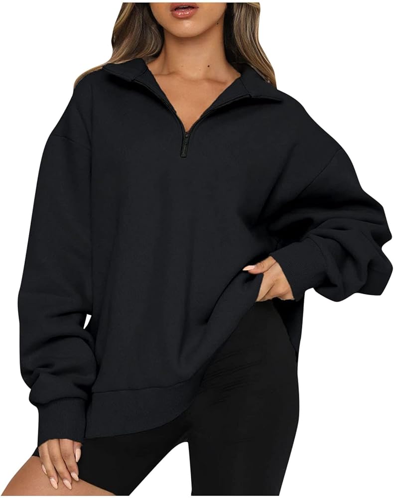 COTECRAM Hoodies for Women 2023 Fall Fashion 1/4 Zip Pullover Oversized Long Sleeve Aesthetic Sweatshirt Plus Size Quarter Zipper Sweatshirts Cute Hoodie Sweater for Teen Girls Y2k(A Black,Large)