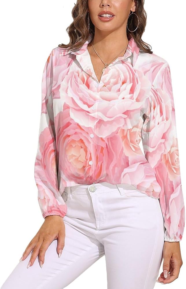 Elegance Color Roses Women's Long-Sleeve Shirt Button Down Tees Blouse Vintage Casual Tops