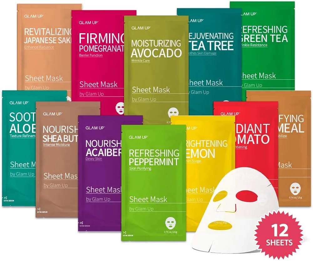 GLAM UP Premium Facial Sheet Mask 12 Combo (Pack of 12) | Clean Face Masks Skincare, Hydrating Face Masks, Moisturizing, Soothing, Beauty Mask For All Skin Type Variety Beauty Mask Set