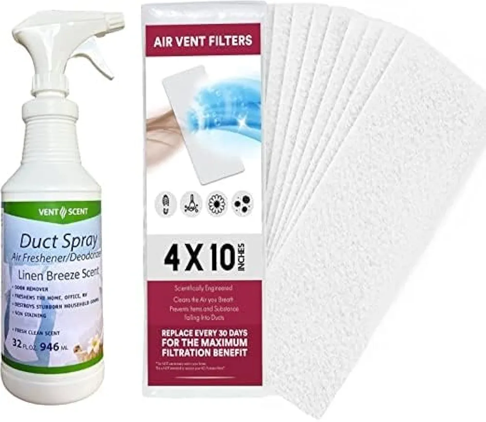 Northwest Enterprises Air Duct Cleaner Spray, Essential Oils Professional HVAC Air Freshener, Air Duct Deodorizer, and Odor Remover Spray (Linen Breeze and 4x10 Filters)