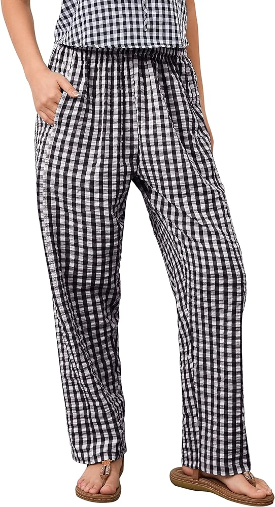 OLAPTA Women Plaid Print Gingham Comfy Lounge Pants Wide Leg Mid Rise Elastic Waist Loose Casual Long Trousers with Pockets(Small,Black)