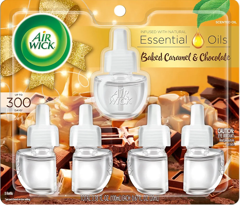 Air Wick Plug in Scented Oil, 5 Refills, Baked Caramel & Chocolate, Essential Oils, Air Freshener