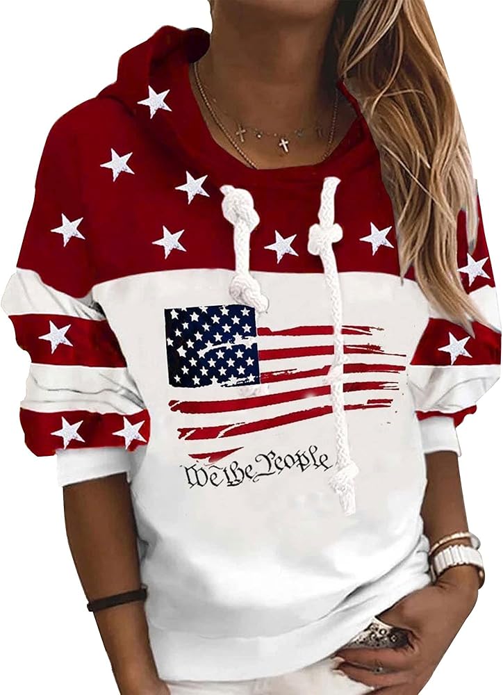 Women's American Flag Hoodie Sweatshirt Fashion Long Sleeve Sweatshirt Top 4th of July Gift Patriotic Sweatshirt Red