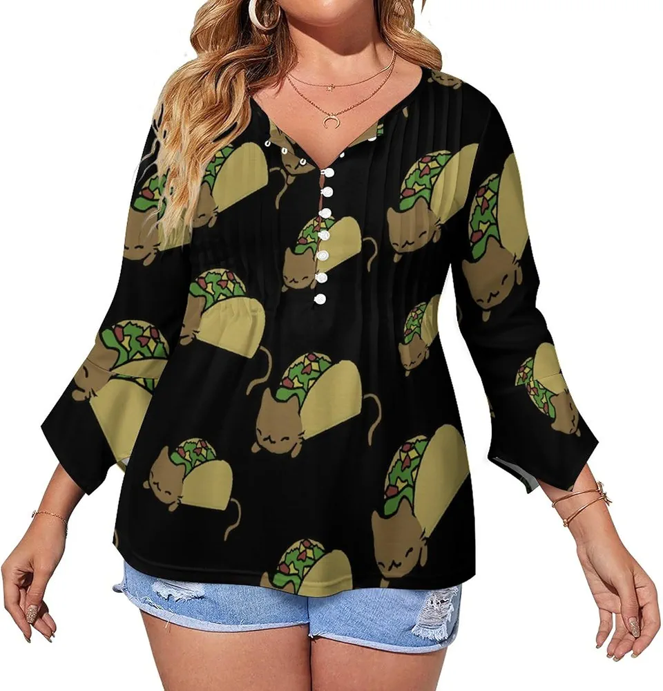 Cat Taco Cute Womens T-Shirts 3/4 Sleeve Button Down Tee Tops Blouse Summer Beach