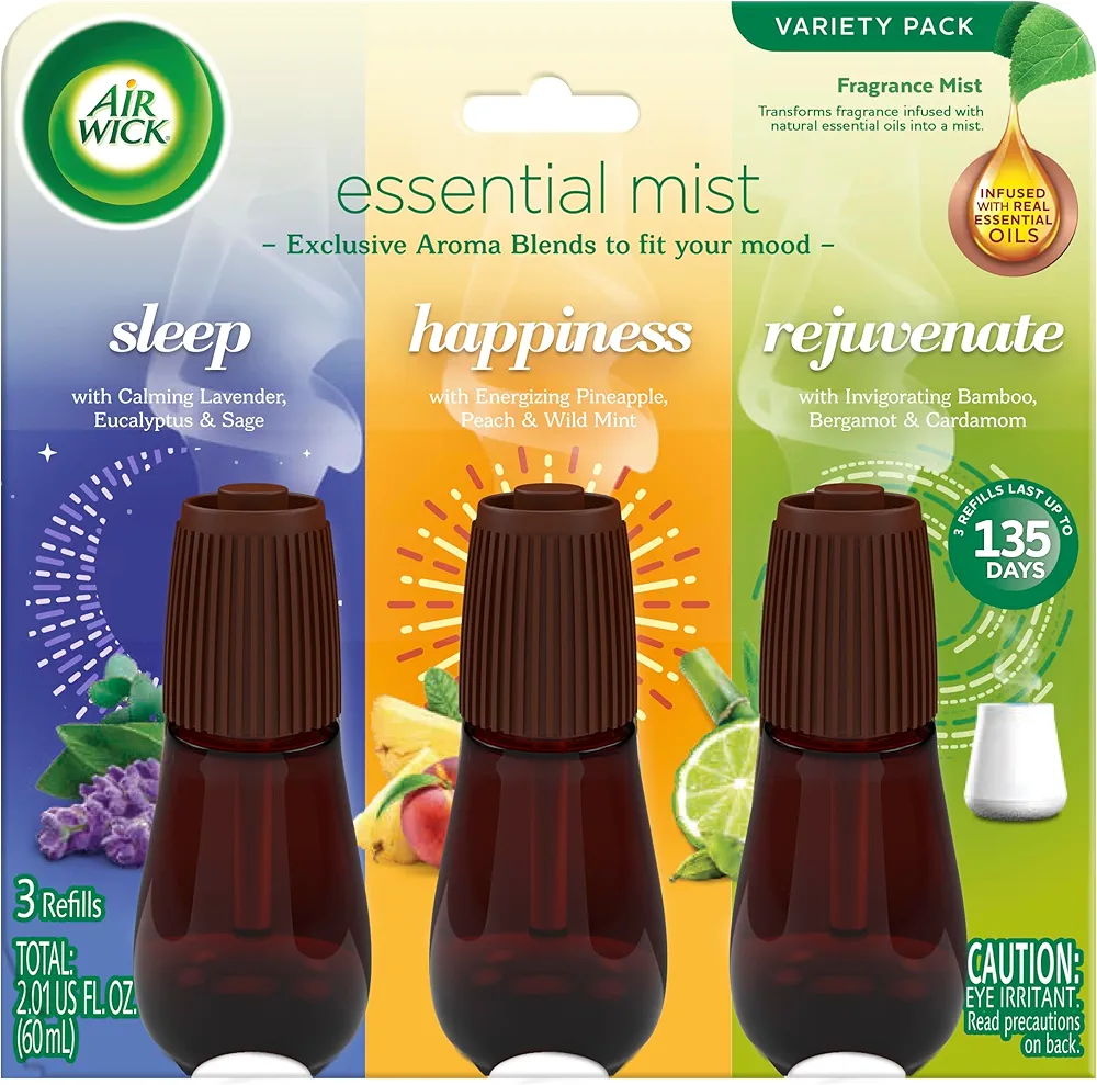 Air Wick Essential Mist Refill, 3 Ct Multipack, Sleep, Happiness, Rejuvenate, Essential Oils Diffuser, Air Freshener