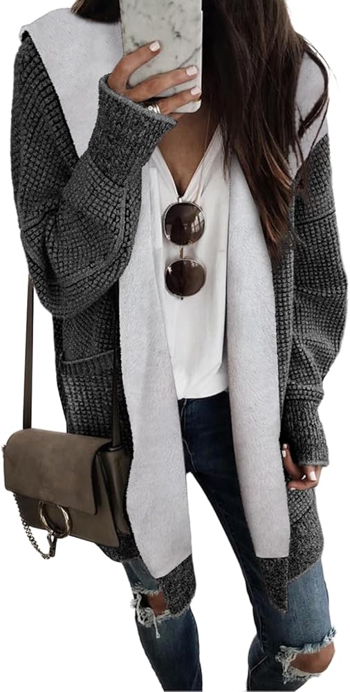 Sidefeel Women's Fleece Lined Hooded Cardigan Oversized Open Front Chunky Knit Plaid Sweater Coat