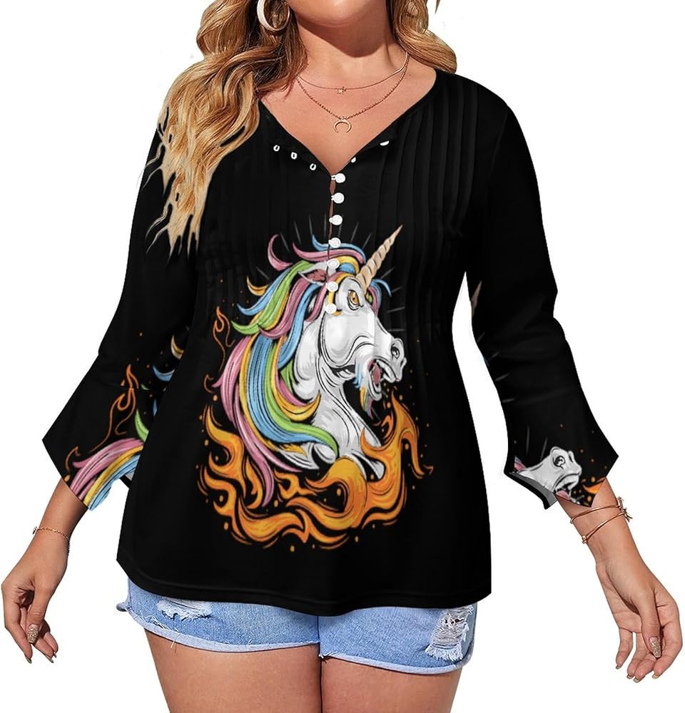 Unicorn Colorful Fire Cute Womens T-Shirts 3/4 Sleeve Button Down Tee Tops Blouse Summer Beach