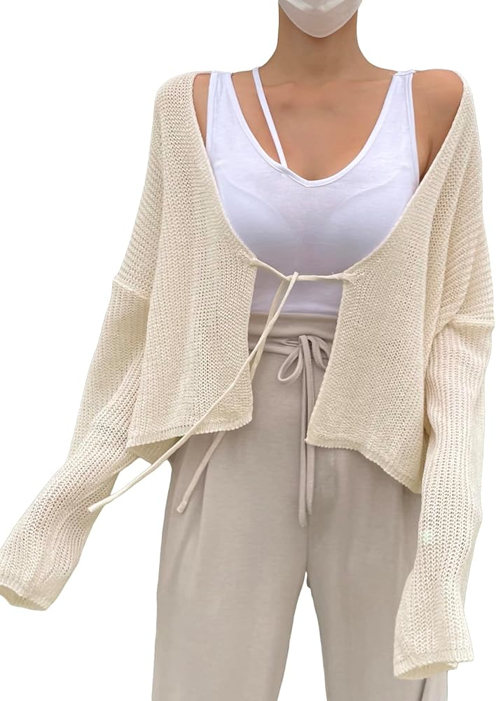 Floerns Women's Drop Shoulder Tie Front Cardigan V Neck Long Sleeve Solid Sweater