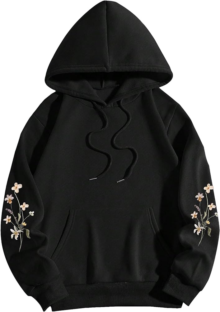 WDIRARA Women's Floral Print Long Sleeve Drawstring Thermal Hoodie Pocket Sweatshirt Pullovers