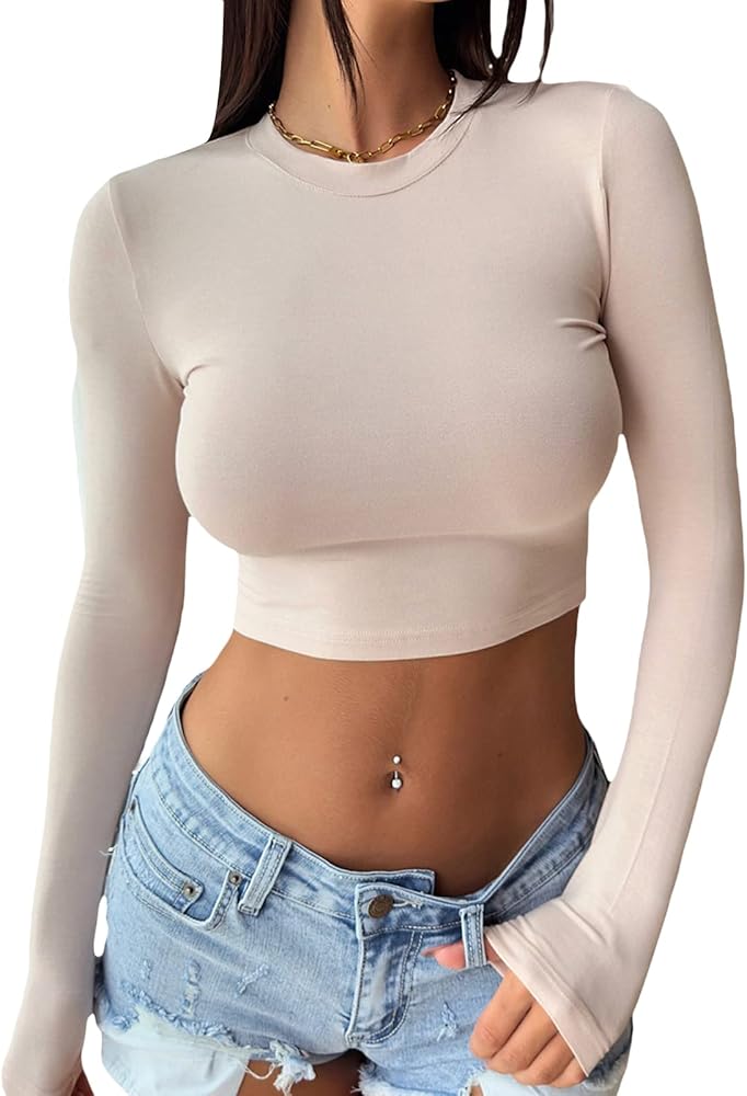 Women's Sexy Long Sleeve Crop Top Crew Neck Fitted Basic Tees Tight Cropped T-shirts Blouse Streetwear