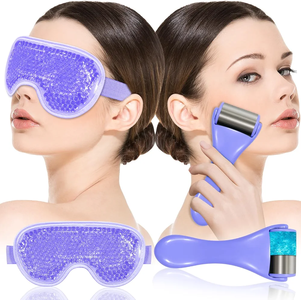 Cooling Eye Mask Ice Roller for Face, Cold Roller Skin Care Facial Lymphatic Drainage Massager and Gel Mask for Dark Circles Puffiness Warm Compress Puff Women Men Wrinkles Lifting