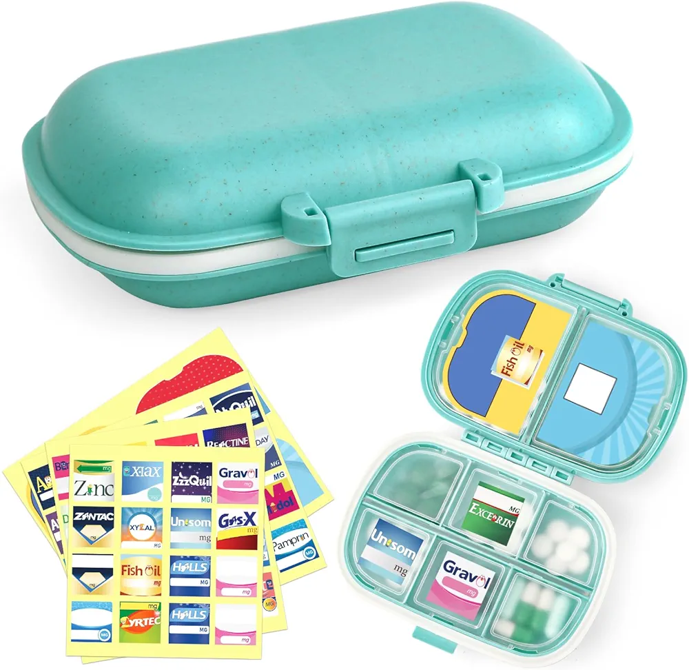 1Pack Travel Pill Organizer & 56 Medicine Name Stickers, 8 Compartments Portable Pill Case, Small Pill Box for Pocket Purse Portable Medicine Vitamin Container with Stickers (Blue with Stickers)