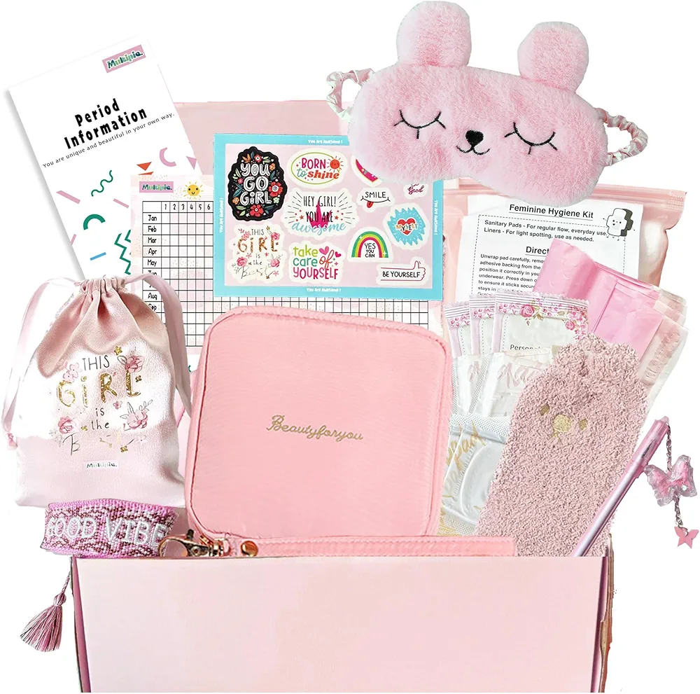 First Period kit for Girls 10-12 | 22 PC Period Packs for Young Girls First Time | First Period Gift for Teen Girls for School with Sanitary Pad Storage Bag, Wipes, Bracelet, Eye Mask, Socks and More