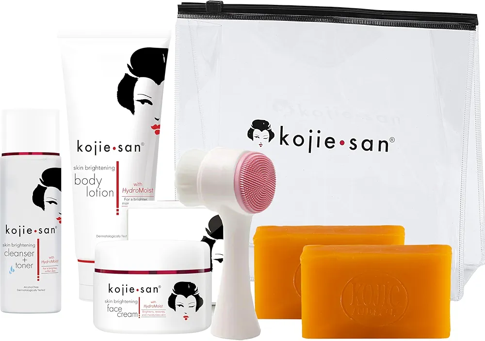 Kojie San Face & Body Shower Set - The Original Kojic Acid Soap that Reduces Visibility of Dark Spots, Hyperpigmentation, and Other types of Skin Damage – 135g x 2 Bars with Lotion, Cream and Toner