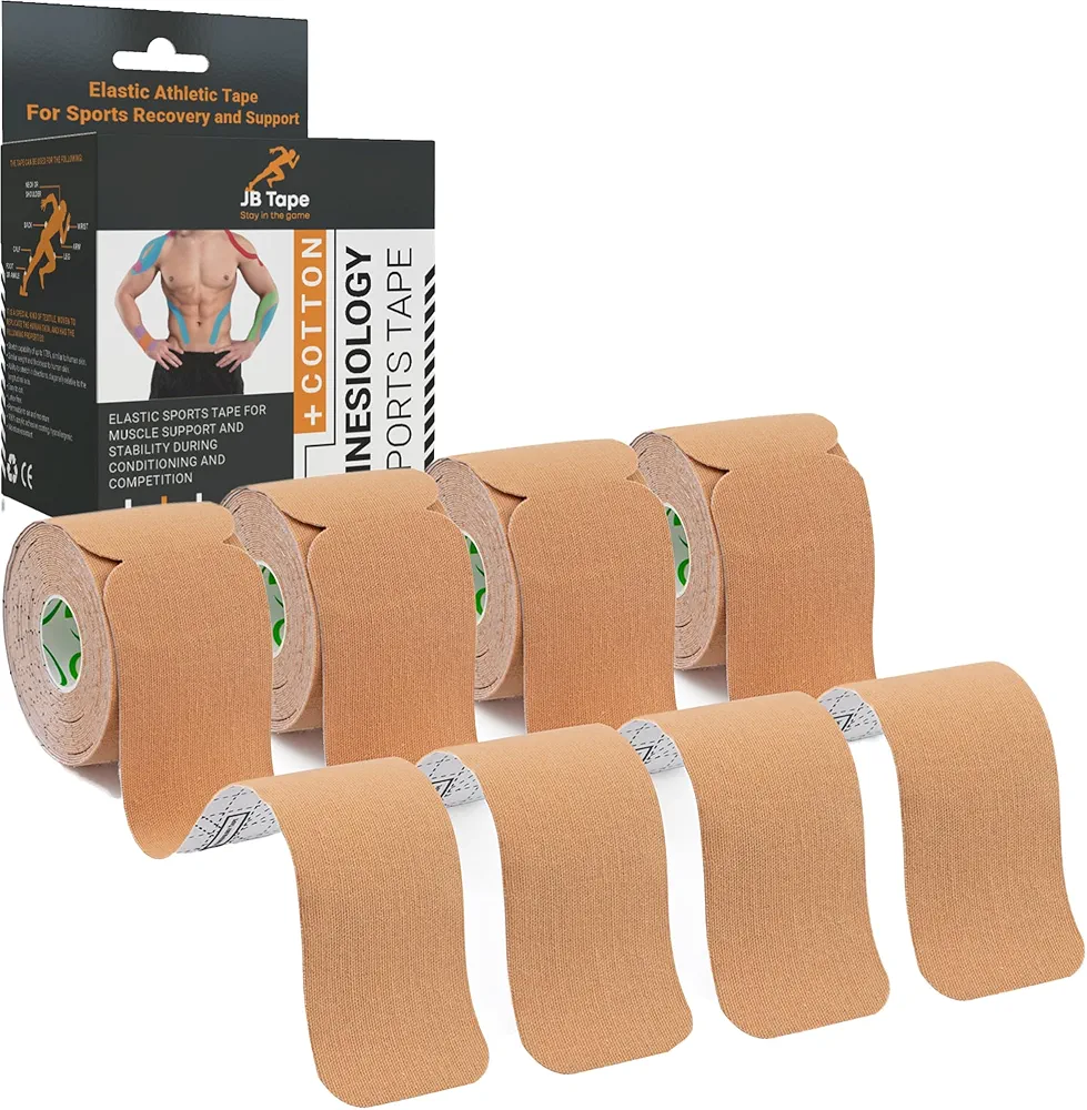 JB Tape, Precut Kinesiology Strips 4 Rolls- (80 Count, 10") Elastic, Latex-Free, Water Resistant, Athletic Sports Tape for Body, Joint & Muscle Support. (Beige)