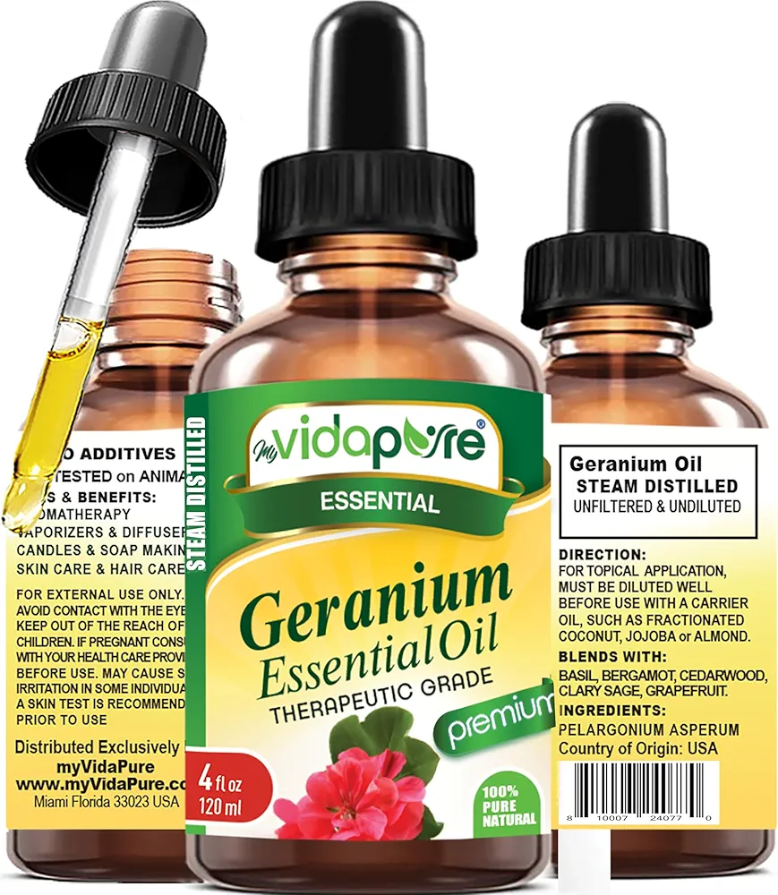 GERANIUM ESSENTIAL OIL 100% PURE Therapeutic Grade for Hair, Lips, Face, Aromatherapy Diffuser Candles, Relaxation, Skin Care 4 Fl.oz.- 120 ml by myVidaPure