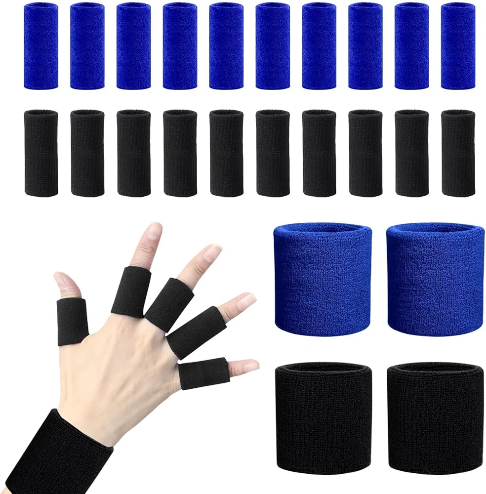 20 Pcs Finger Sleeves Protectors Thumb Finger Brace Support Elastic Thumb Sleeves and 4 Pcs Cotton Sports Wristbands for Pain Relief Arthritis Tennis Basketball Running(Black, Blue)