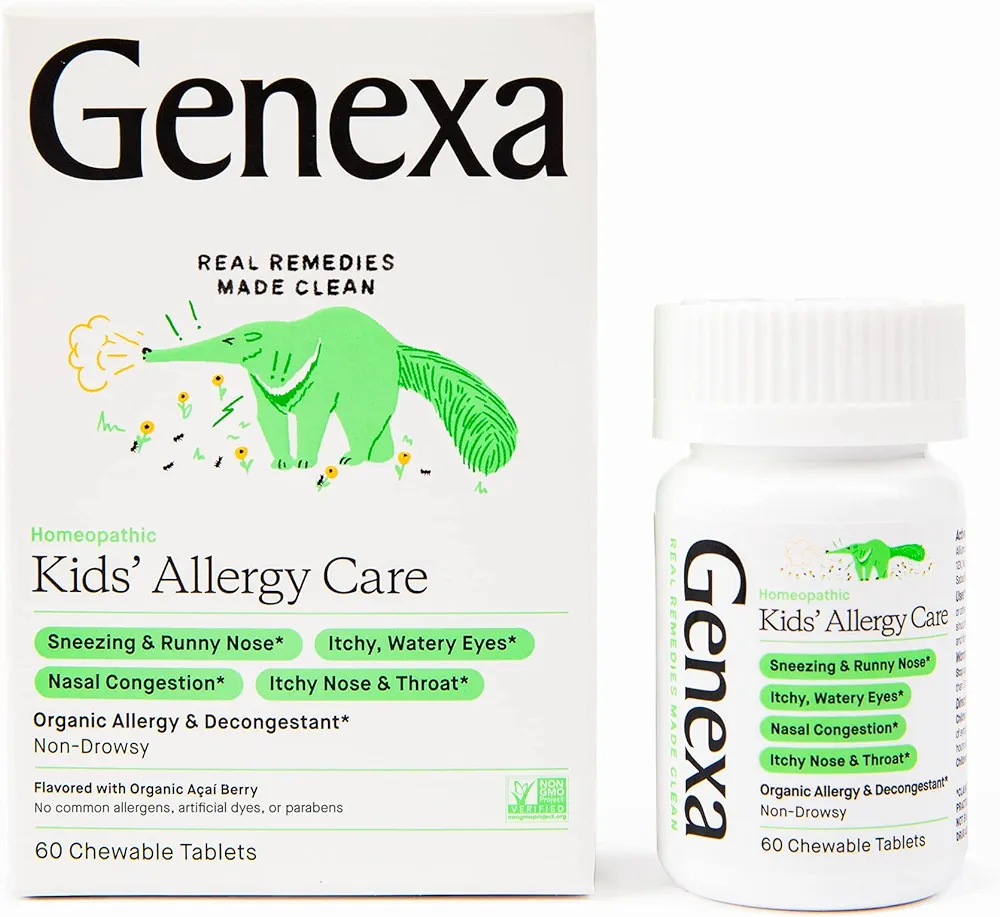 Genexa Kids' Allergy Care | Non-Drowsy, Homeopathic Decongestant & Allergy Medicine Relief for Children | Delicious Organic Acai Berry Flavor | 60 Chewable Tablets