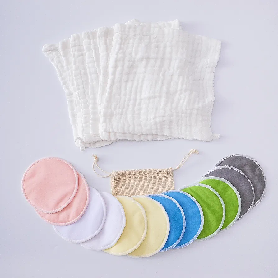 Reusable Nursing Pads 12 Pack,Washable Breast Pads for Breastfeeding with Baby Burp Cloths 6 Pack,Baby Essentials for Newborn Girls and Boys,Soft and Absorbent