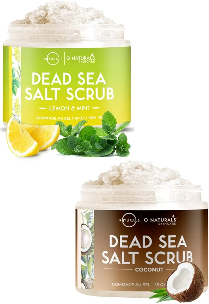 O Naturals Face and Body Scrub Bundle - Lemon and Mint Salt Scrub 18oz, Coconut Salt Scrub 18oz - Exfoliating Body Scrub Dead Sea Salt Scrub