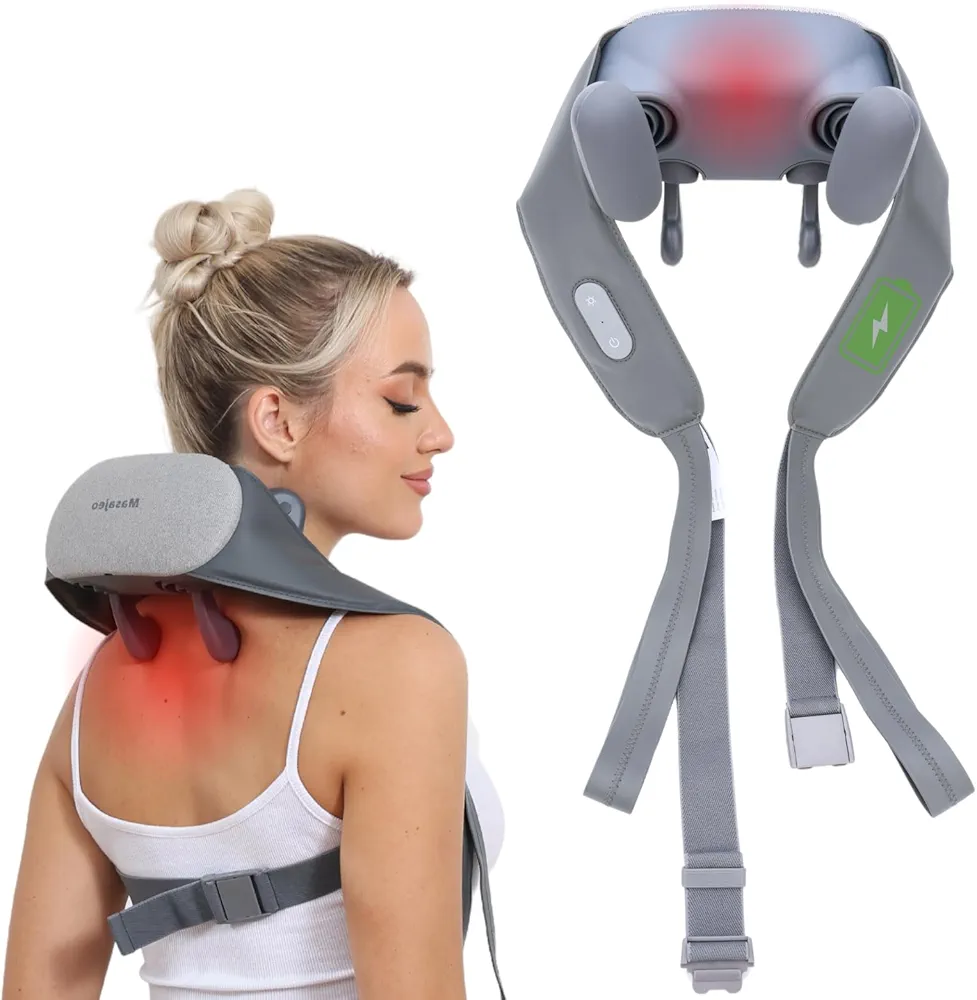 Neck Massager for Pain Relief Deep Tissue, Cordless Neck and Shoulder Massager with Soothing Heat, Rechargeable Portable Hand-free Design