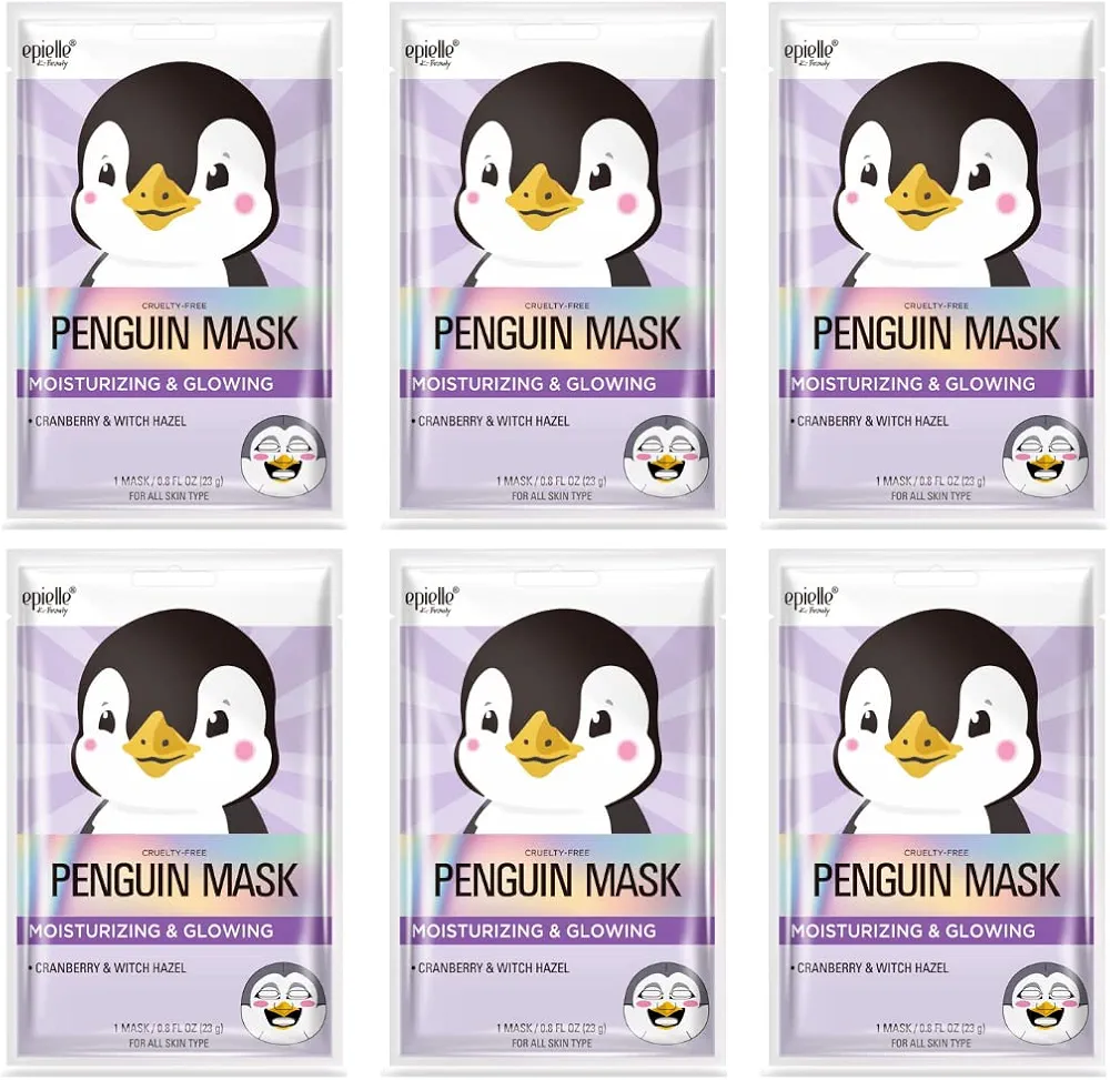 Epielle Character Sheet Masks | Animal Spa Mask | Puppy, Tiger, Rabbit, Penguin, Pig, Fox | Korean Beauty Mask -For All Skin Types| Birthday Party Gift for her kids, Spa Day Party, Girls Night, Spa Night, Beauty Gift | Skincare Gifts | Skincare Party Favors, Stocking Stuffers (Penguin 6 pack)