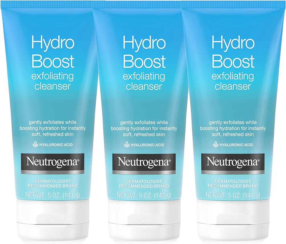 Neutrogena Hydro Boost Gentle Exfoliating Daily Facial Cleanser with Hyaluronic Acid, Clinically Proven to Increase Skin's Hydration Level, Non-Comedogenic Oil-, Soap- & Paraben-Free, 3 x 5 Oz