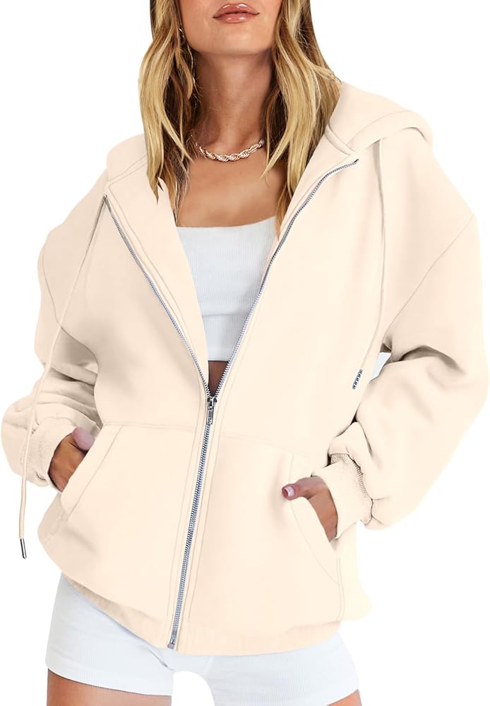 Caracilia Womens Zip Up Hoodies Oversized Long Sleeve Sweatshirts Casual Y2K Hoodie 2024 Fall Jacket with Pockets