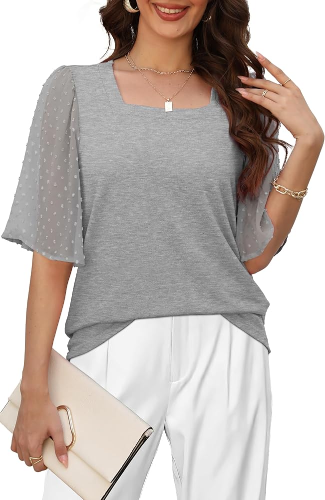 WIHOLL 3/4 Length Sleeve Womens Tops Casual Summer Tops Square Neck Mesh Short Sleeve T Shirts