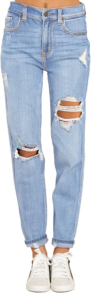 GRAPENT Women's Casual High Waisted Mom Jeans Ripped Stretchy Tapered Denim Pants