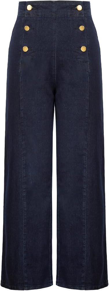 Belle Poque Women's High Waisted Wide Leg Jeans Button Decorated Casual Stretchy Demin Pants with Pockets