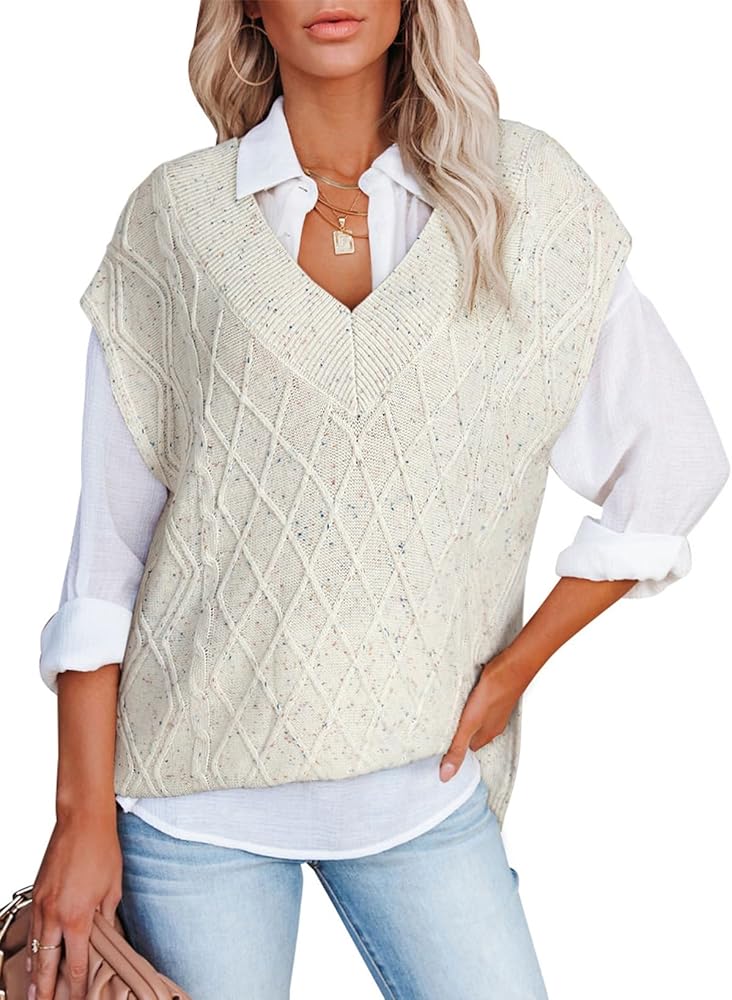 Dokotoo Sweater Vest Women Oversized V Neck Sleeveless Casual Cap Sleeve Cable Knit Side Slit Speckle Pullover Sweaters Tops