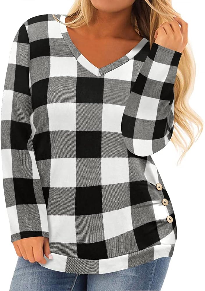 RITERA Plus Size Tops for Women 3X V Neck Shirt Long Sleeve Tshirt Button Side Fall Winter Blouses Black-White Grid 3XL