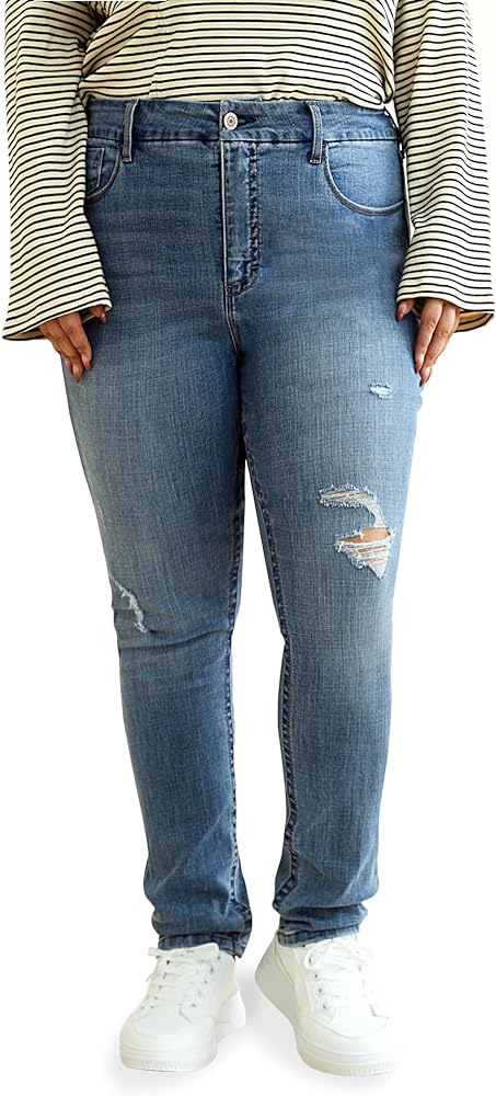 Womens Plus Size Ripped Skinny Jeans Stretchy High Waisted Ankle Jean