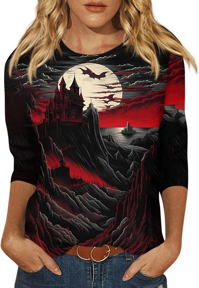 Halloween Shirts 3/4 Sleeve Round Neck Tops Printed Casual Blouse Cute Oversized Tunic Loose Fit Trendy tee