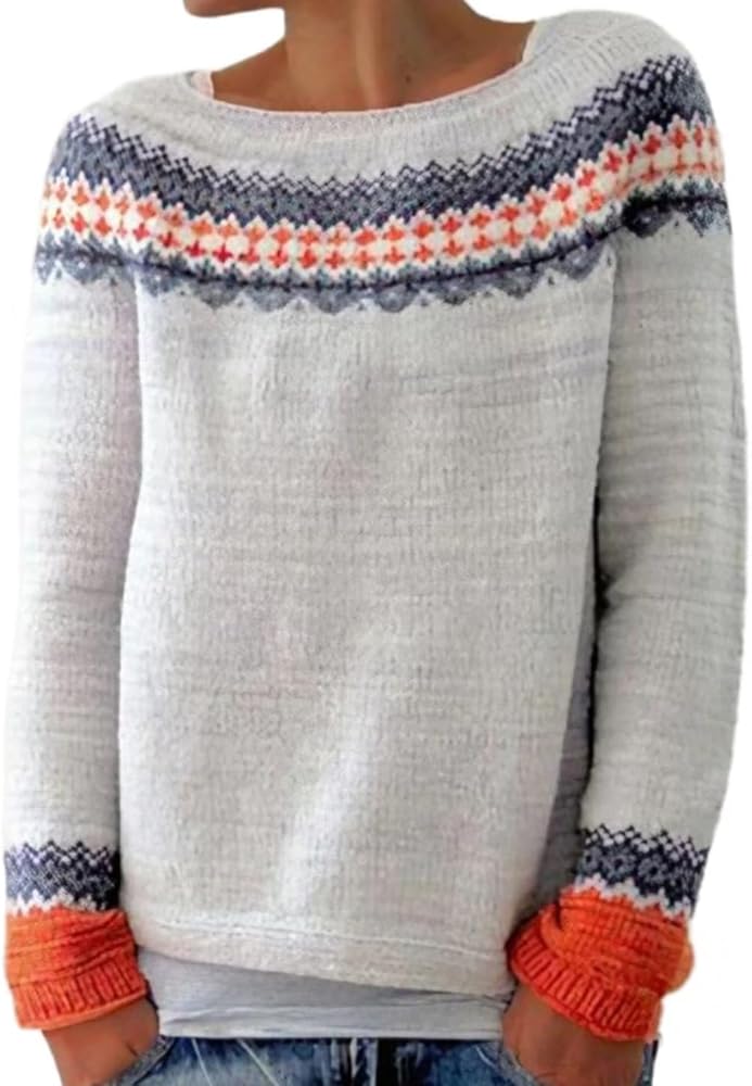 Flamingals Women's Fair Isle Boat Neck Sweater Casual Sweater