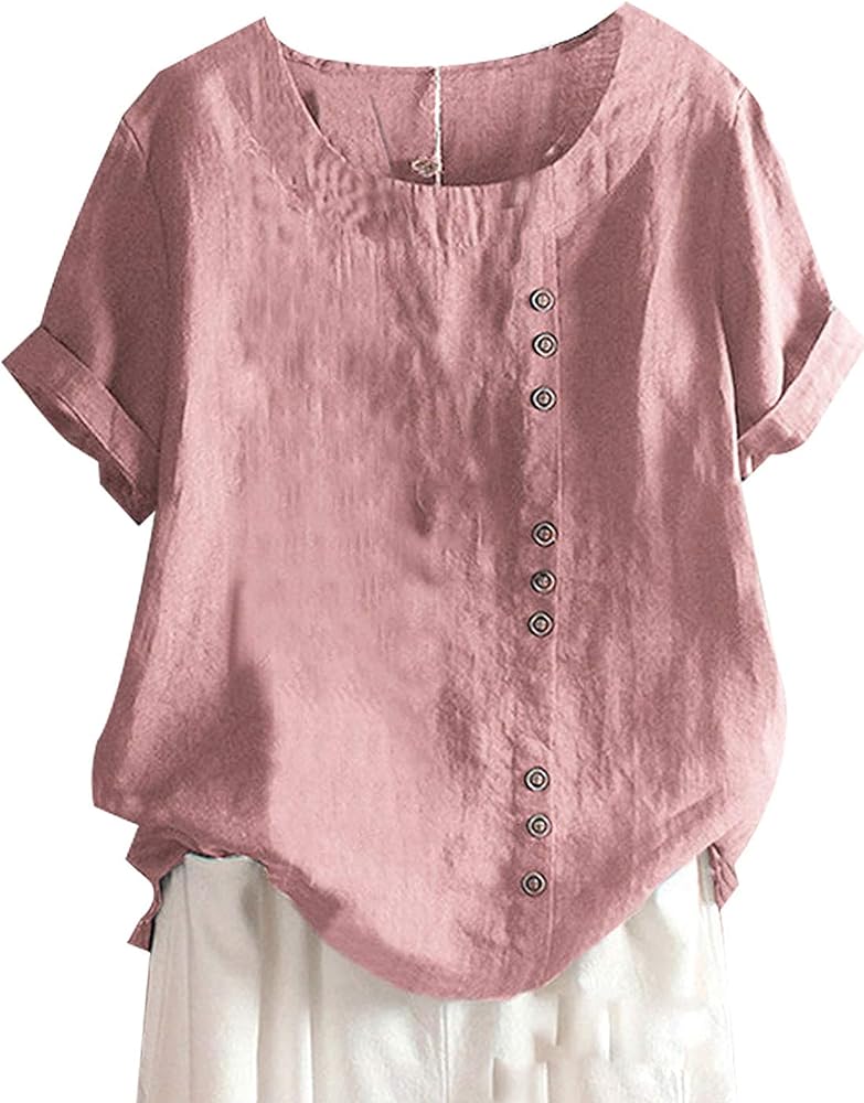 SCUSTY Oversized Crew Neck Linen Tops for Women Short Sleeve Cotton Blend Tee Shirts