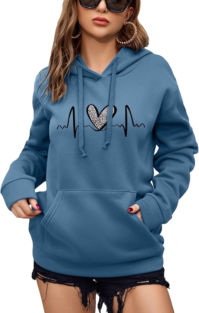 MakeMeChic Women's Casual Heart Graphic Long Sleeve Pocket Pullover Hoodie Thermal Lined Hooded Sweatshirt