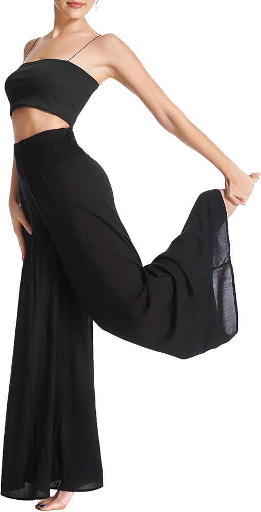 Women's Flowy Wide Leg Palazzo Pants, Loose Elastic High Waisted Beach Casual Culottes