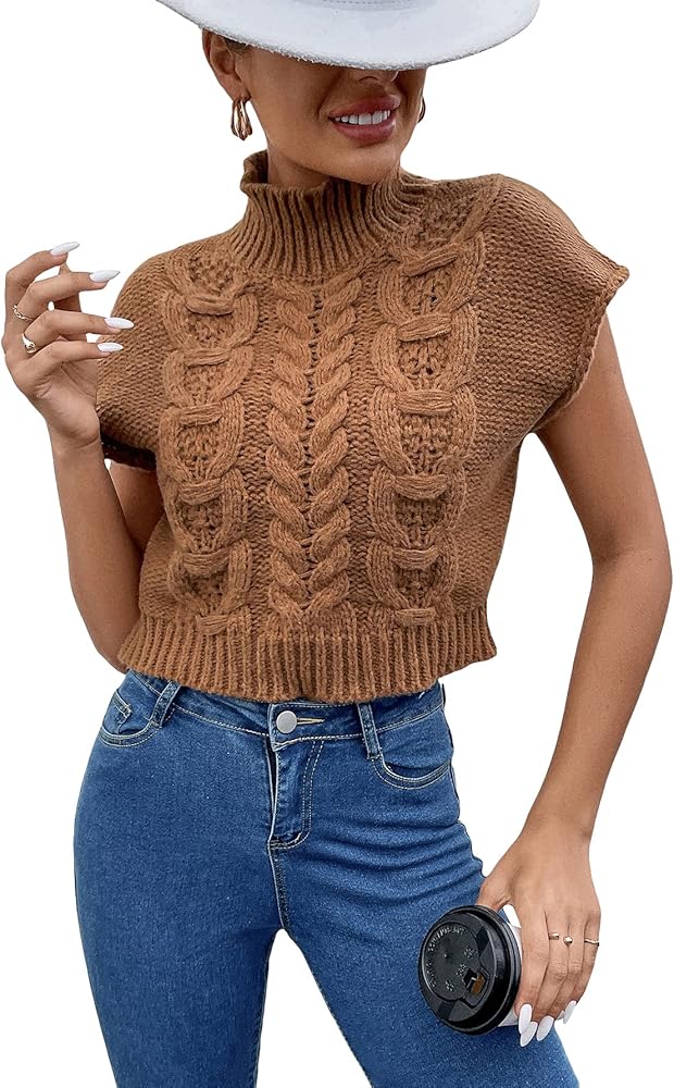 OYOANGLE Women's Cable Knit High Neck Sweater Vest Sleeveless Knitted Crop Top