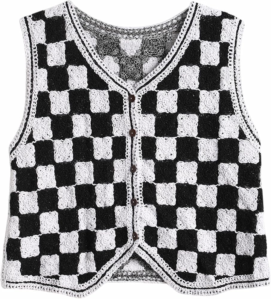 Women's Knitted Vest Sleeveless V-Neck Cardigan Button Printed Short Vest