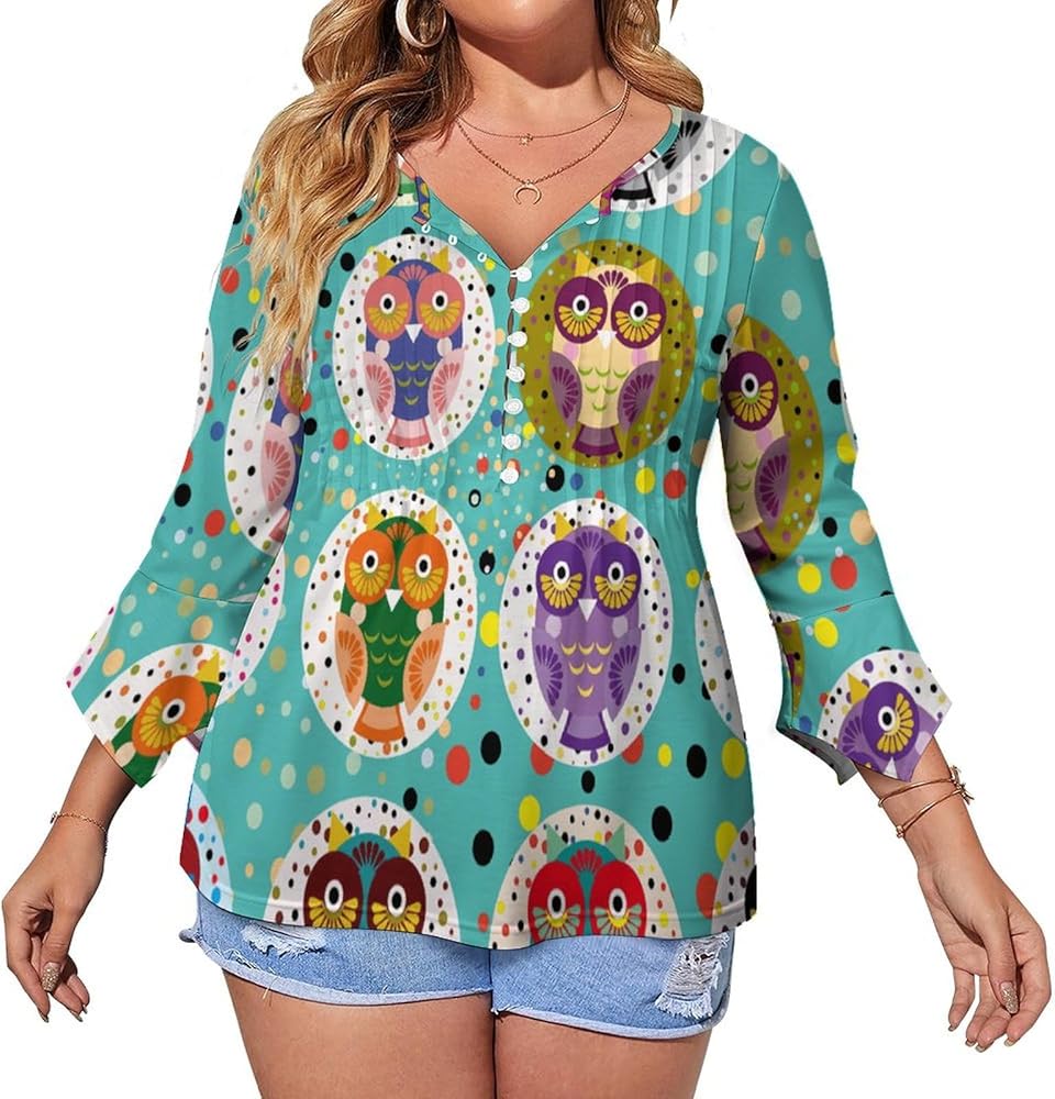 Cute Owls Cute Womens T-Shirts 3/4 Sleeve Button Down Tee Tops Blouse Summer Beach