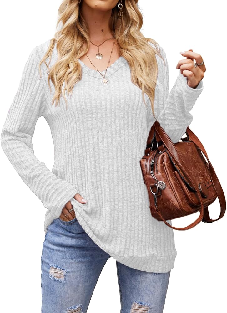 Hount Women's Long Sleeve Sweater V Neck Lightweight Casual Pullover Knitted Tunic Tops