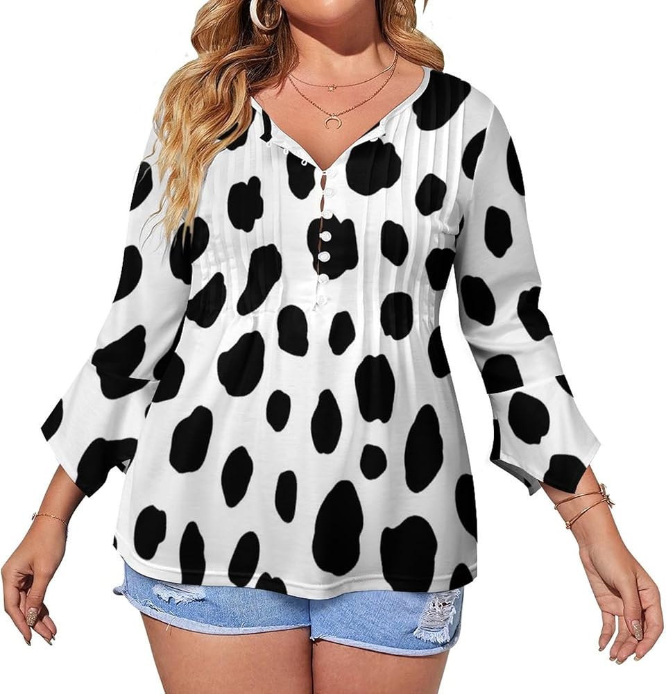 Dalmatian Print Cute Womens T-Shirts 3/4 Sleeve Button Down Tee Tops Blouse Summer Beach