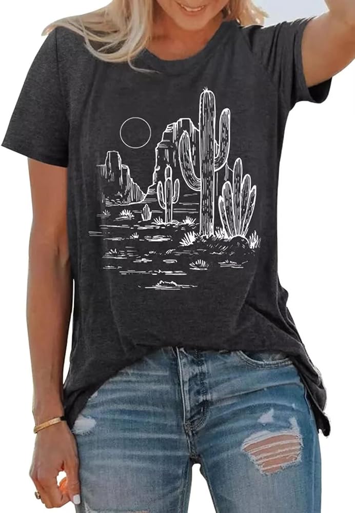 Western Cactus Shirt for Women Sunrise Desert Graphic Tee Tops Hiking Mountain Climbing Funny Short Sleeve T-Shirt